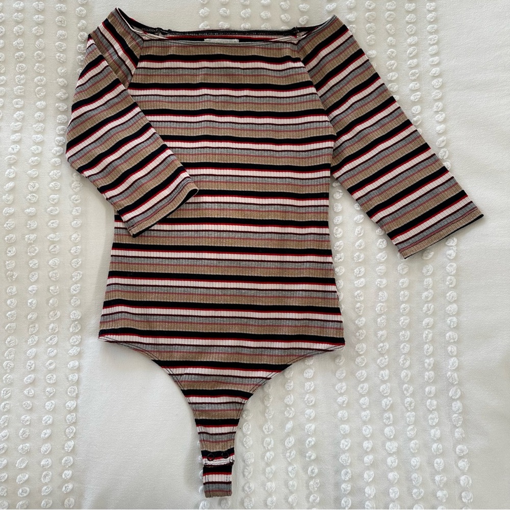 Anthropologie Little Black Bodysuit Stripe Metallic Bodysuit XS